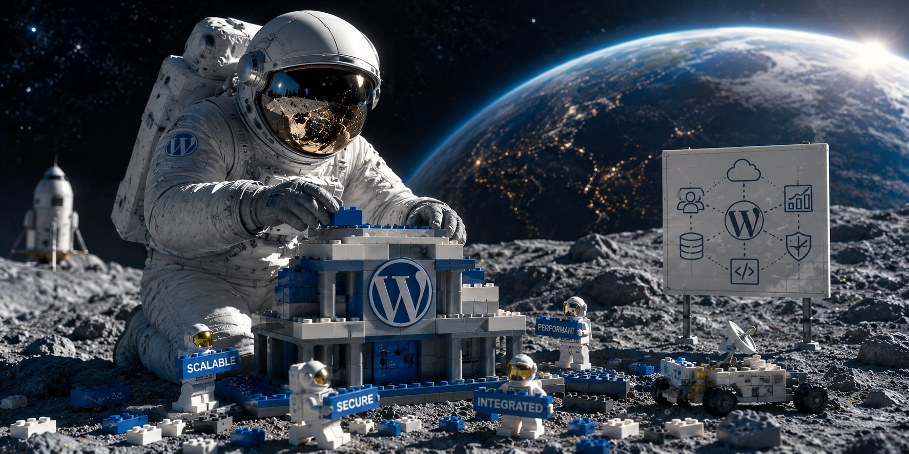 Astronaut building a scalable WordPress platform on the Moon, representing enterprise WordPress development, website architecture, integrations, security, and business growth.