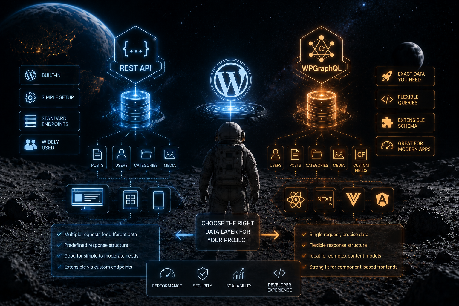 WPGraphQL and WordPress REST API comparison showing data access, developer experience, and headless WordPress architecture