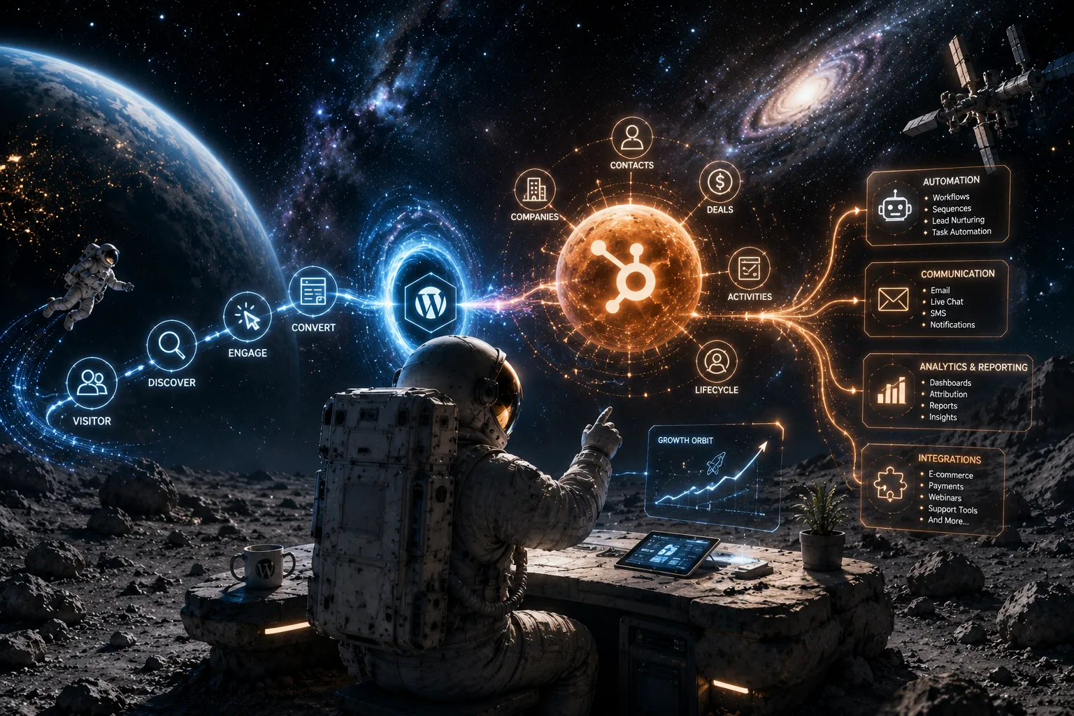 Concept illustration of WordPress HubSpot integration showing an enterprise architecture that connects website visitors, CRM, marketing automation, analytics, and scalable business systems through a futuristic space inspired environment.
