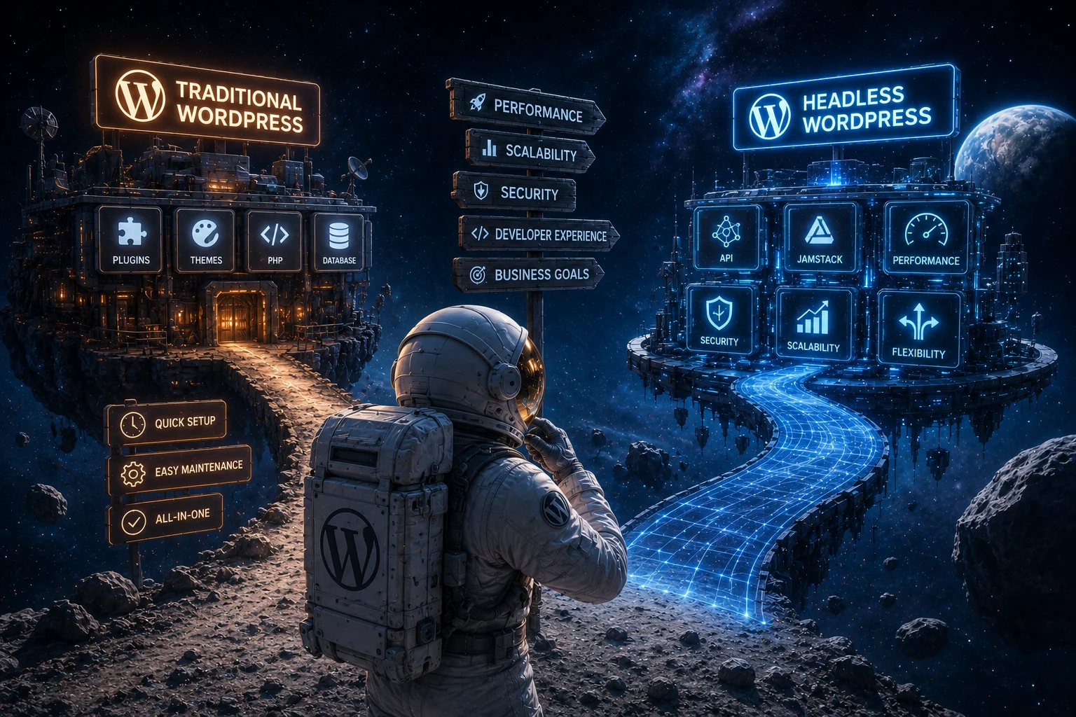 Concept illustration comparing Traditional WordPress and Headless WordPress architecture with an astronaut exploring two development paths