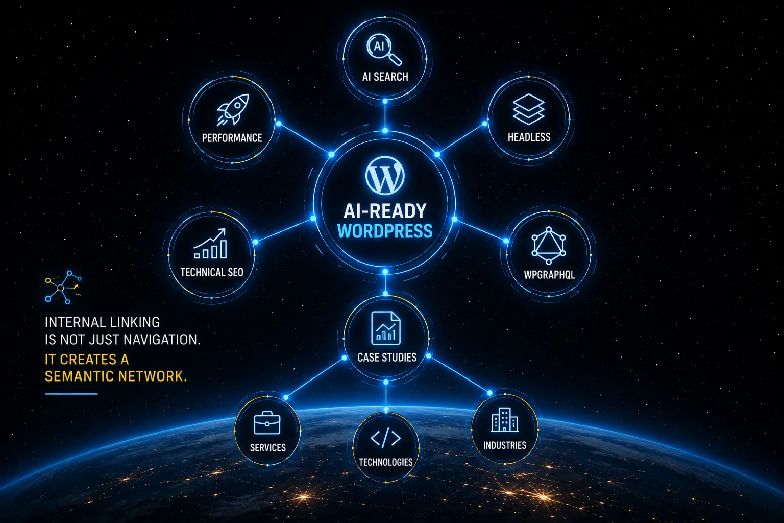 AI-ready WordPress internal linking semantic network connecting AI search, Headless WordPress, WPGraphQL, performance, technical SEO and case studies
