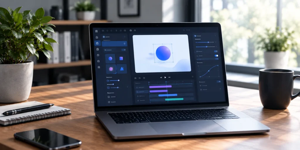 React.js web animation tool with a visual editing interface, animation timeline, interactive controls, and motion settings displayed on a laptop